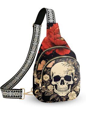 Women's Light Gold Gothic Skull Sling Floral Leather Backpack Crossbody Bag